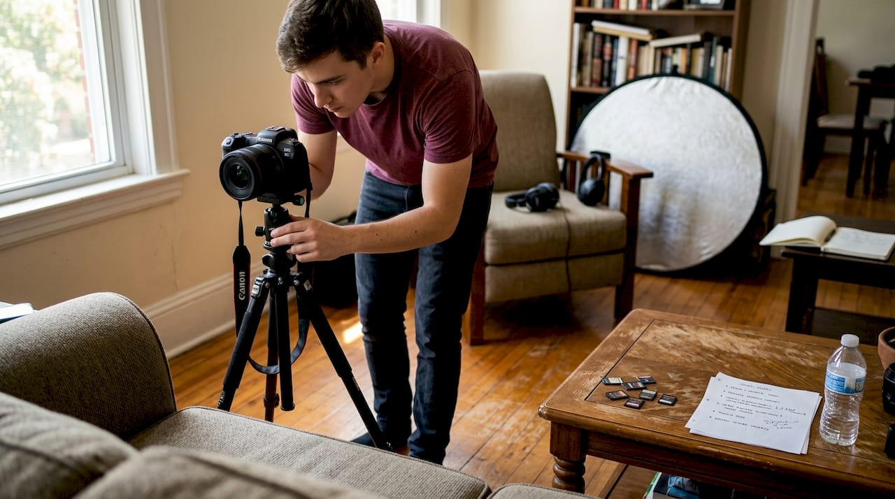 Creator setting up video batch shoot at home