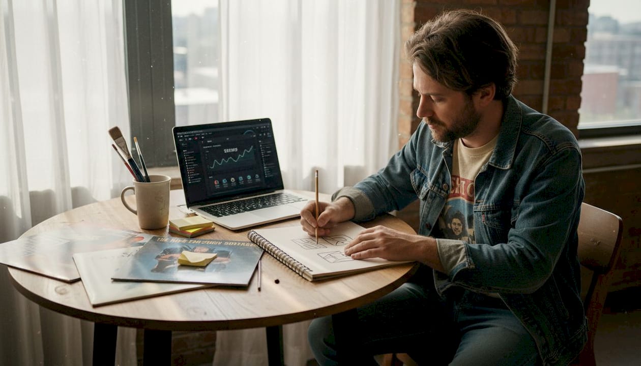 Musician developing new visual identity at home