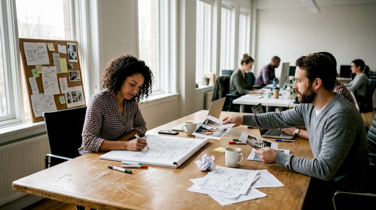 Team collaborating during creative process meeting
