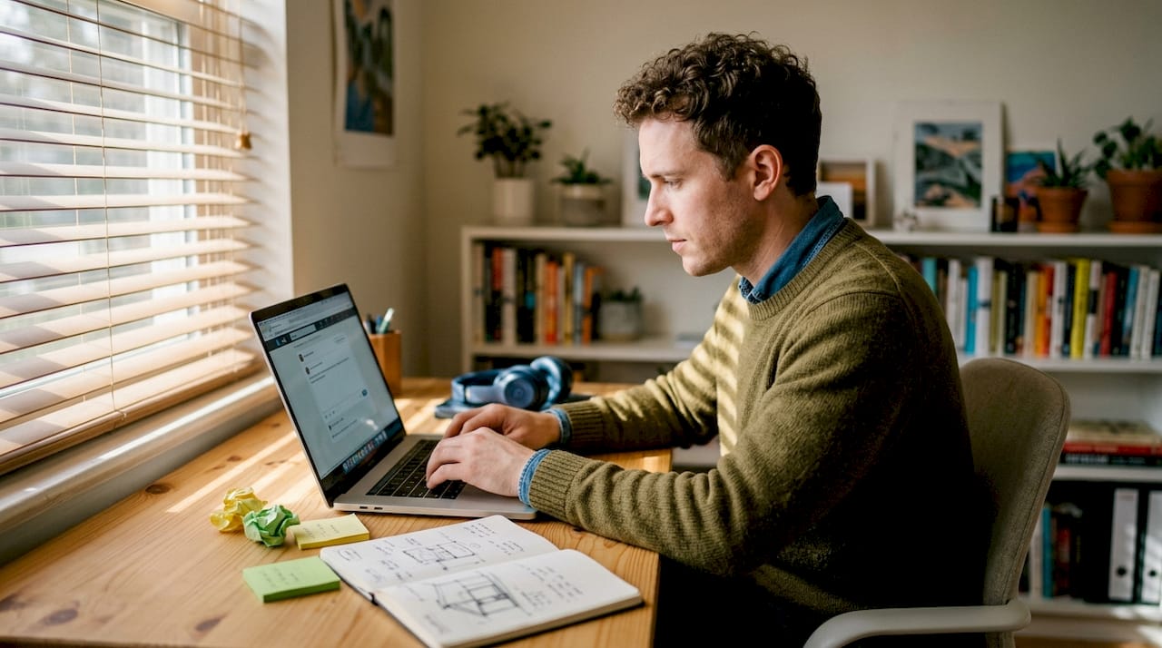 Creator working on promo visuals at desk