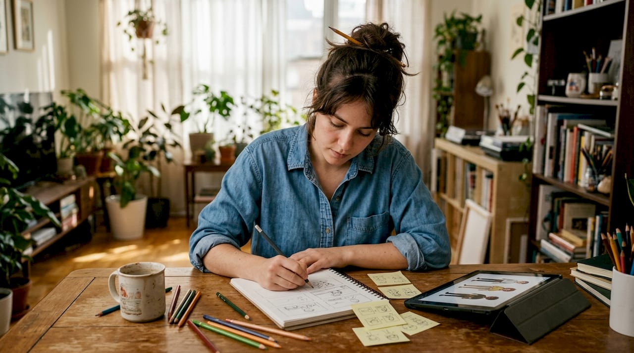 Artist sketching visual storyboards