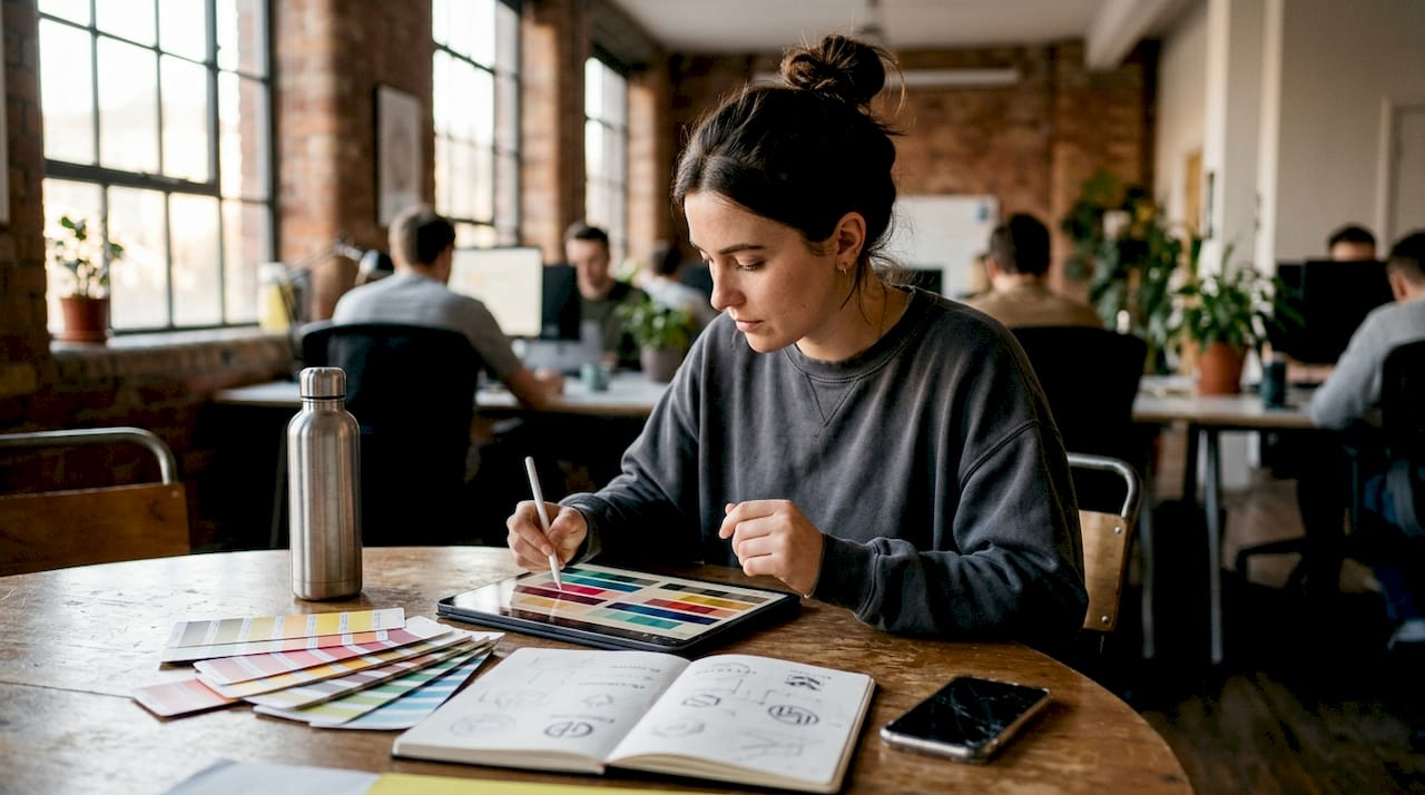 Designer reviewing branding color palette sketches