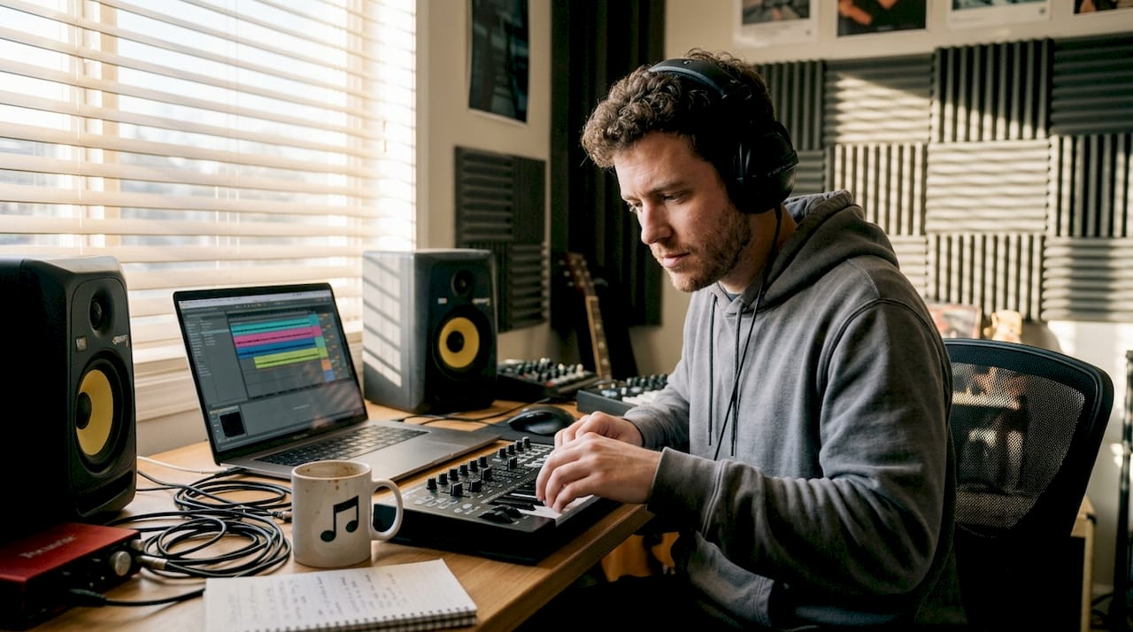Music producer working in compact home studio