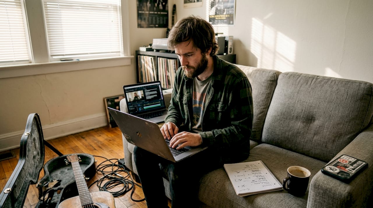 Musician editing video captions in home studio