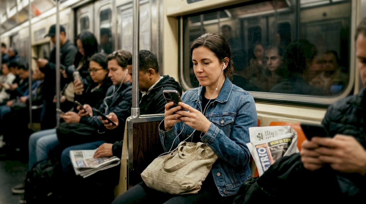 Commuter watching captioned music video on subway