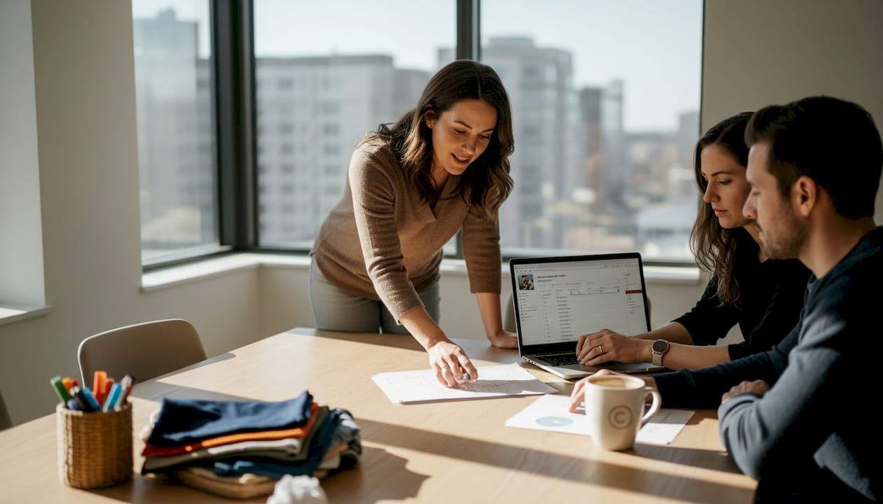 Creative team collaborating at cluttered office table