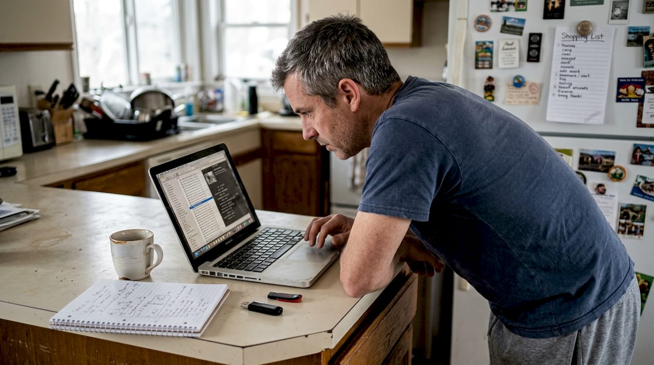 Man verifying creative file metadata on laptop