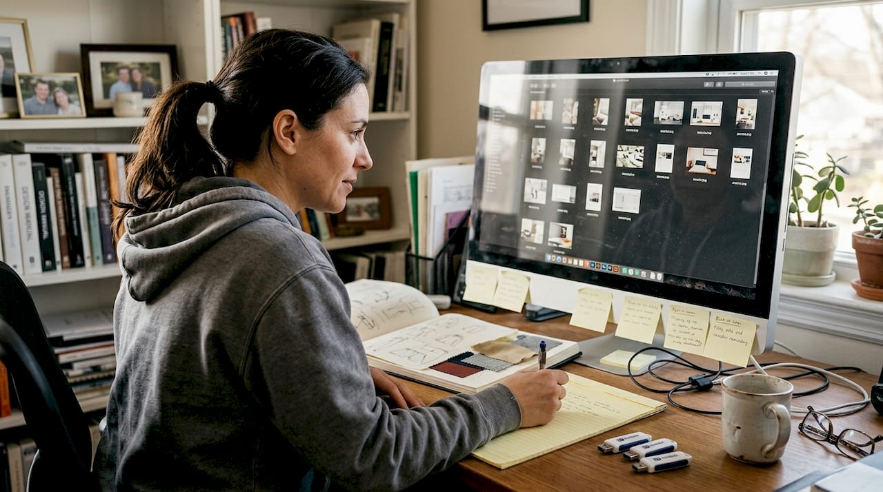 Designer reviewing images in home office