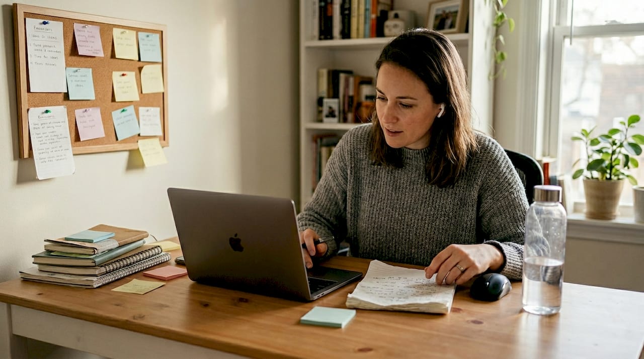 Creative workflow at cluttered home office desk