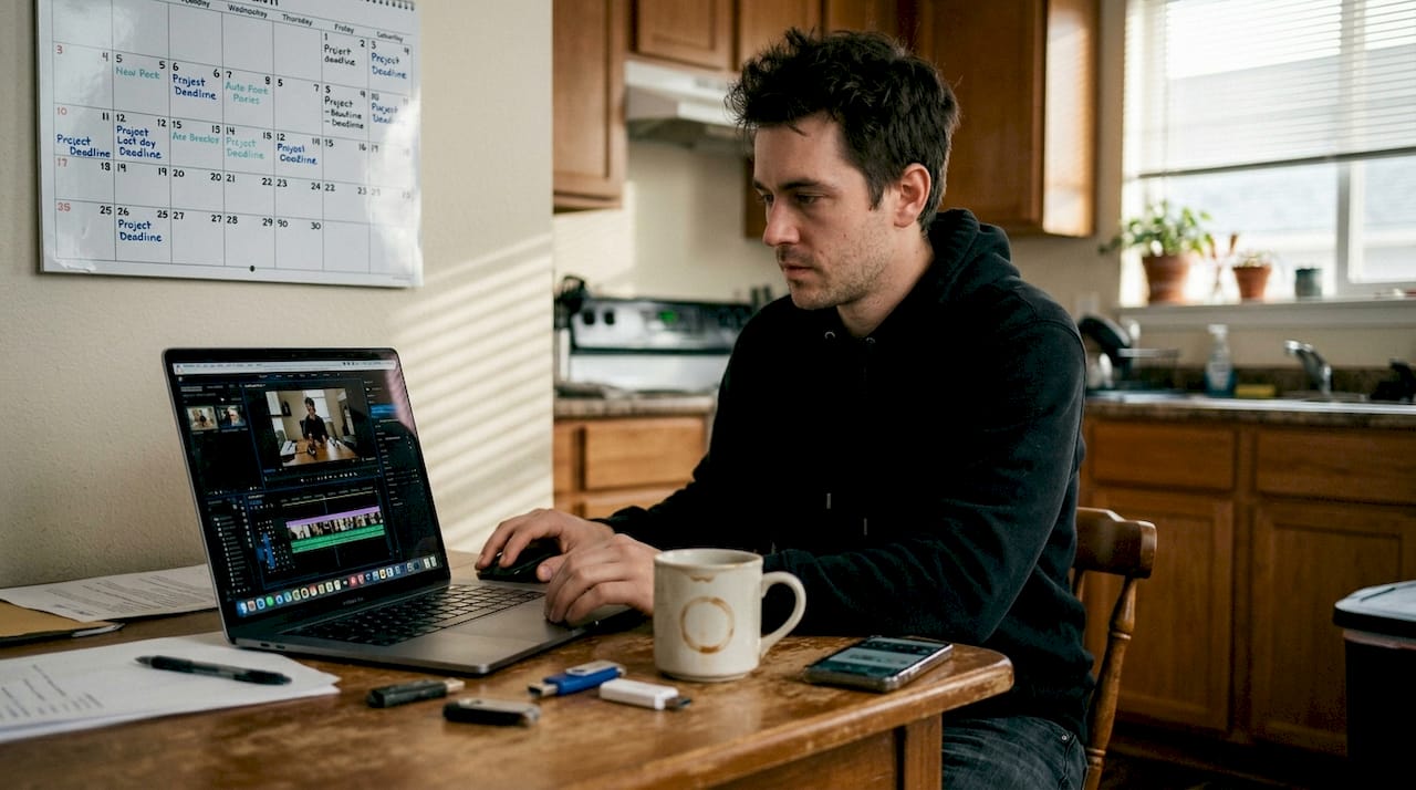 AI content creation workflow in casual kitchen