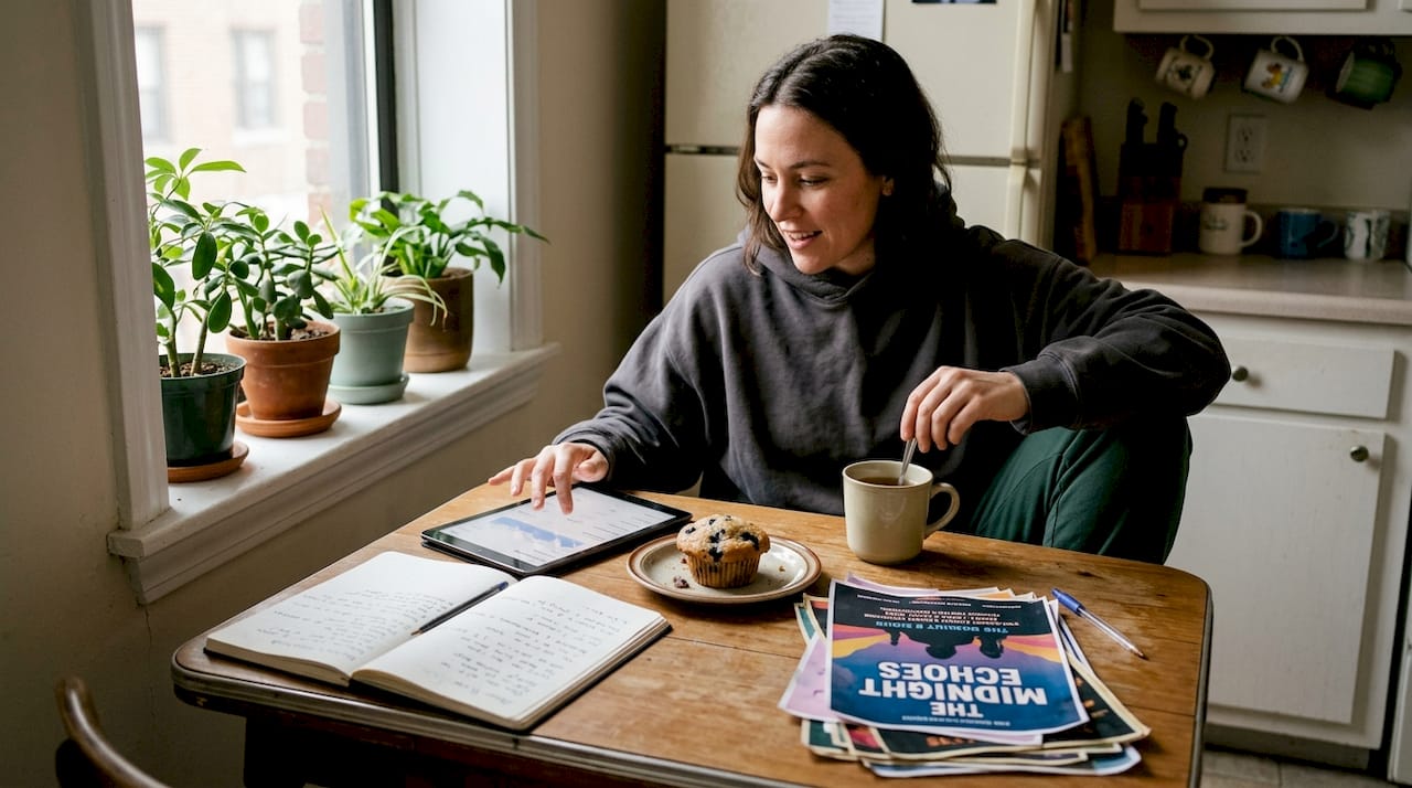 Artist reviews streaming analytics at kitchen table