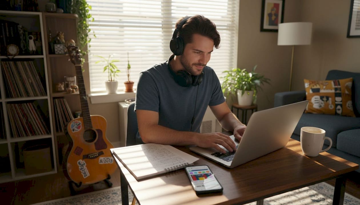 Musician working with laptop and guitar at home