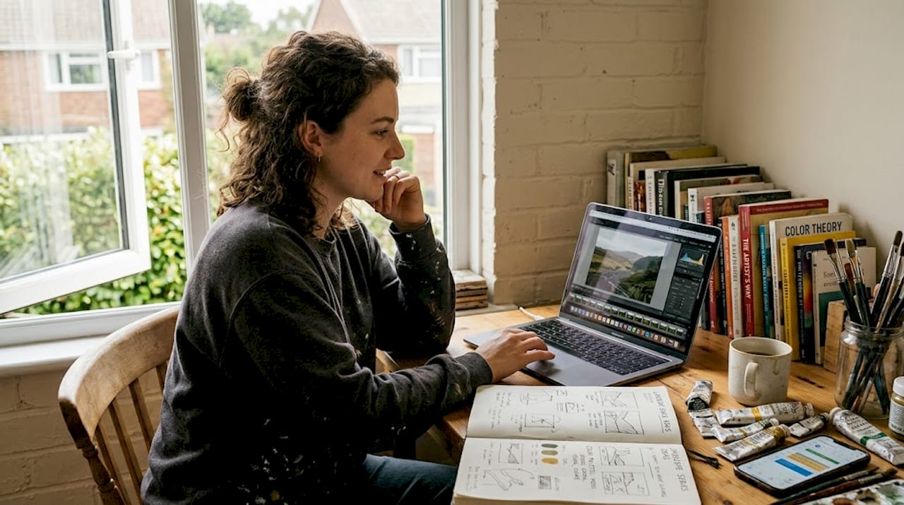 Artist managing content workflow at desk
