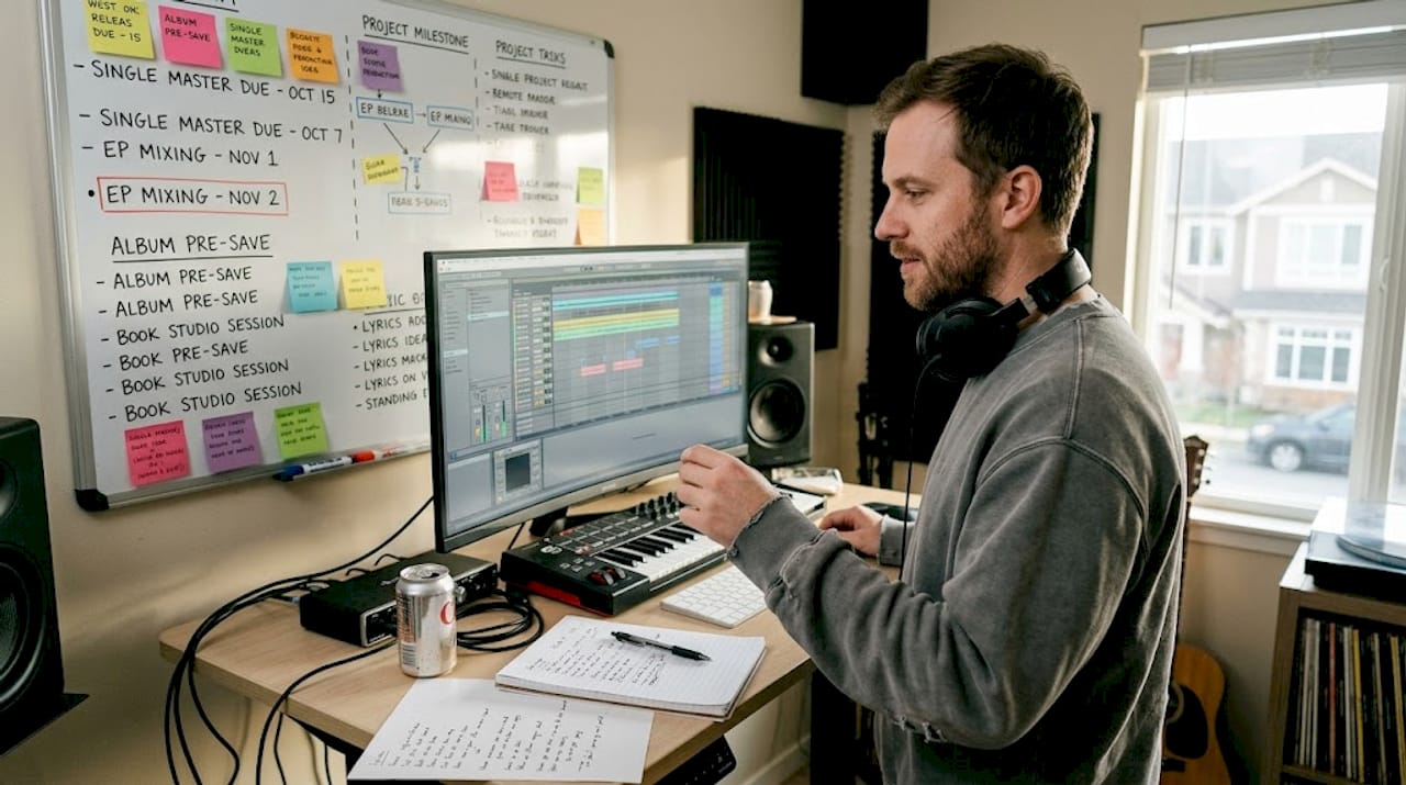 Producer organizing waterfall music release plan