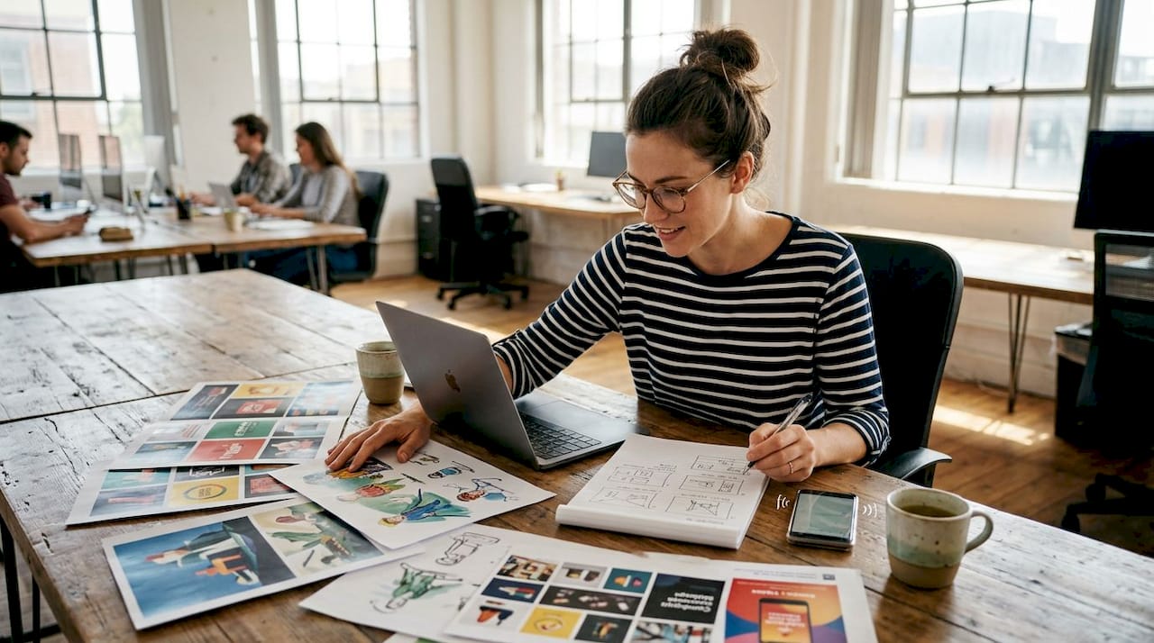 Marketer examines concept art sketches for campaign