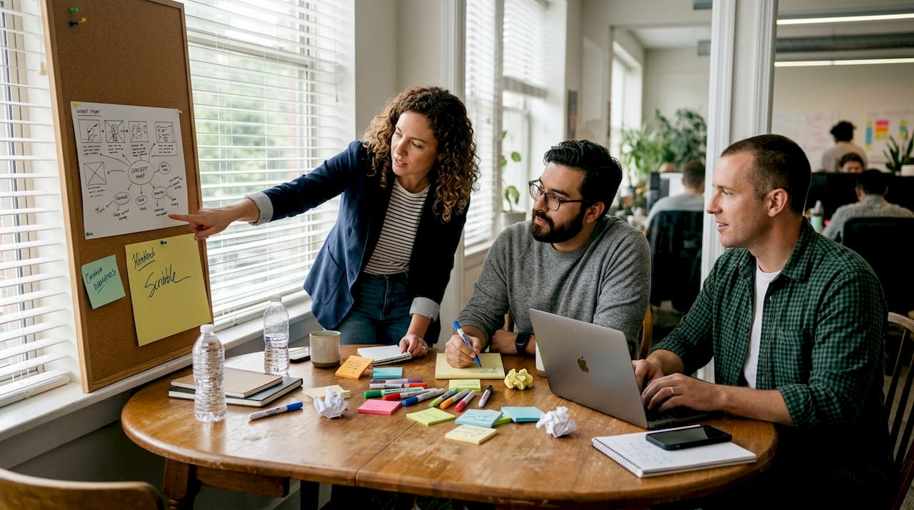 Creative team brainstorming with concept art and notes