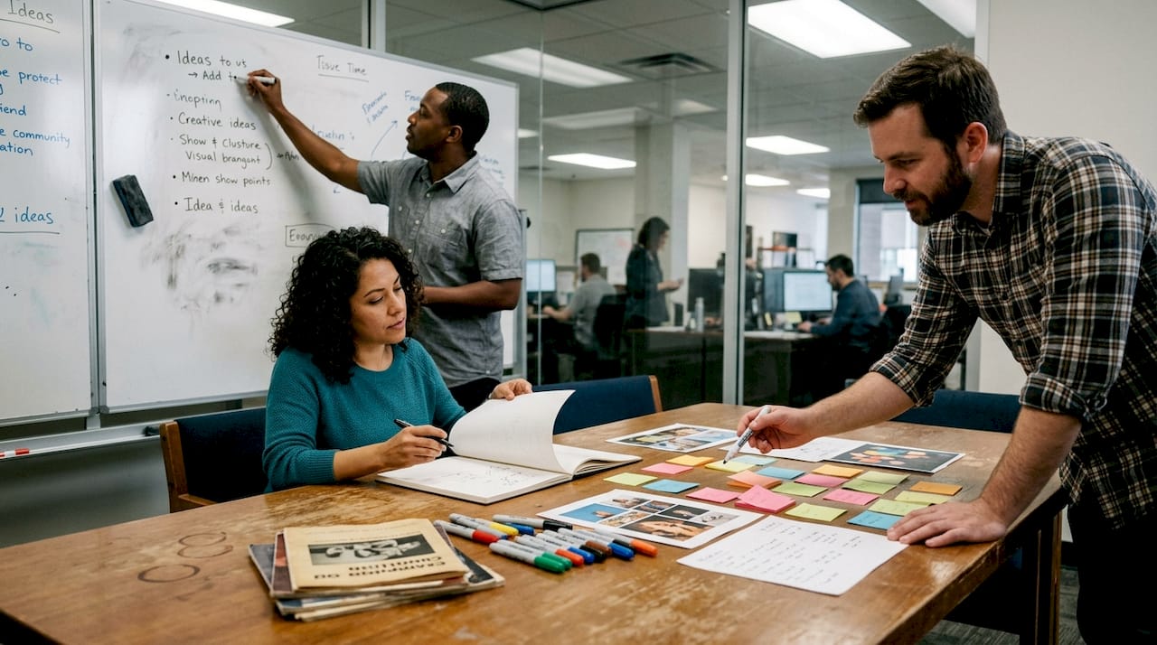 Team storyboarding at conference table with notes