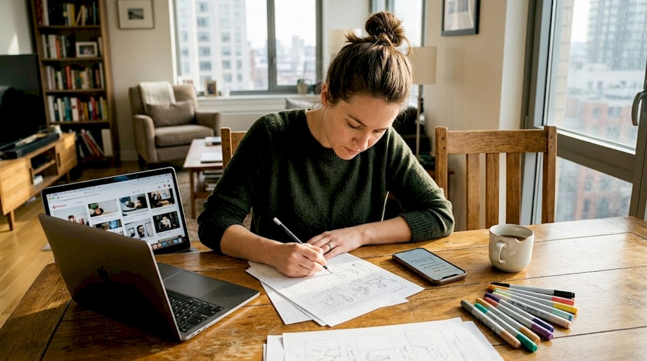 Woman sketching storyboards at home workspace