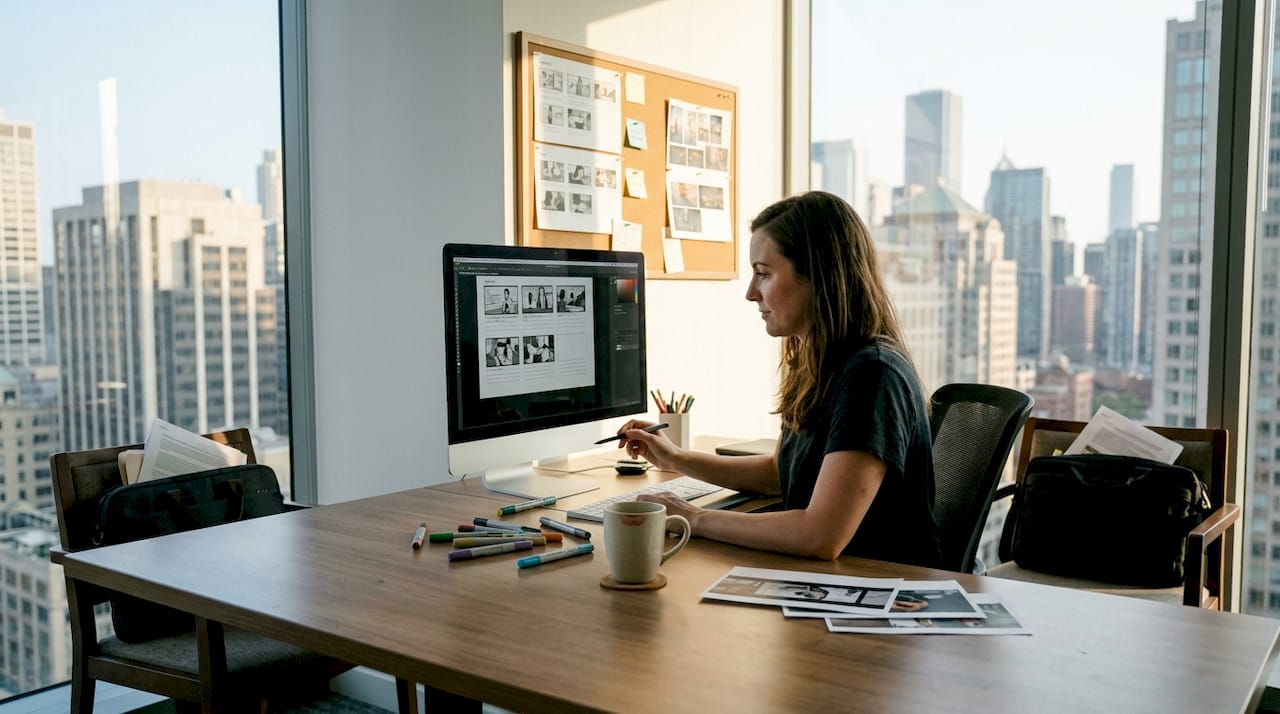Creative director reviews storyboard in bright office
