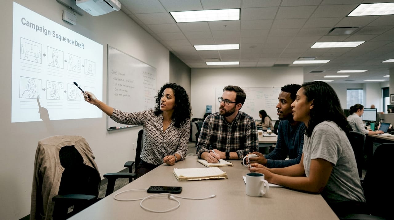 Team discusses storyboard in office meeting