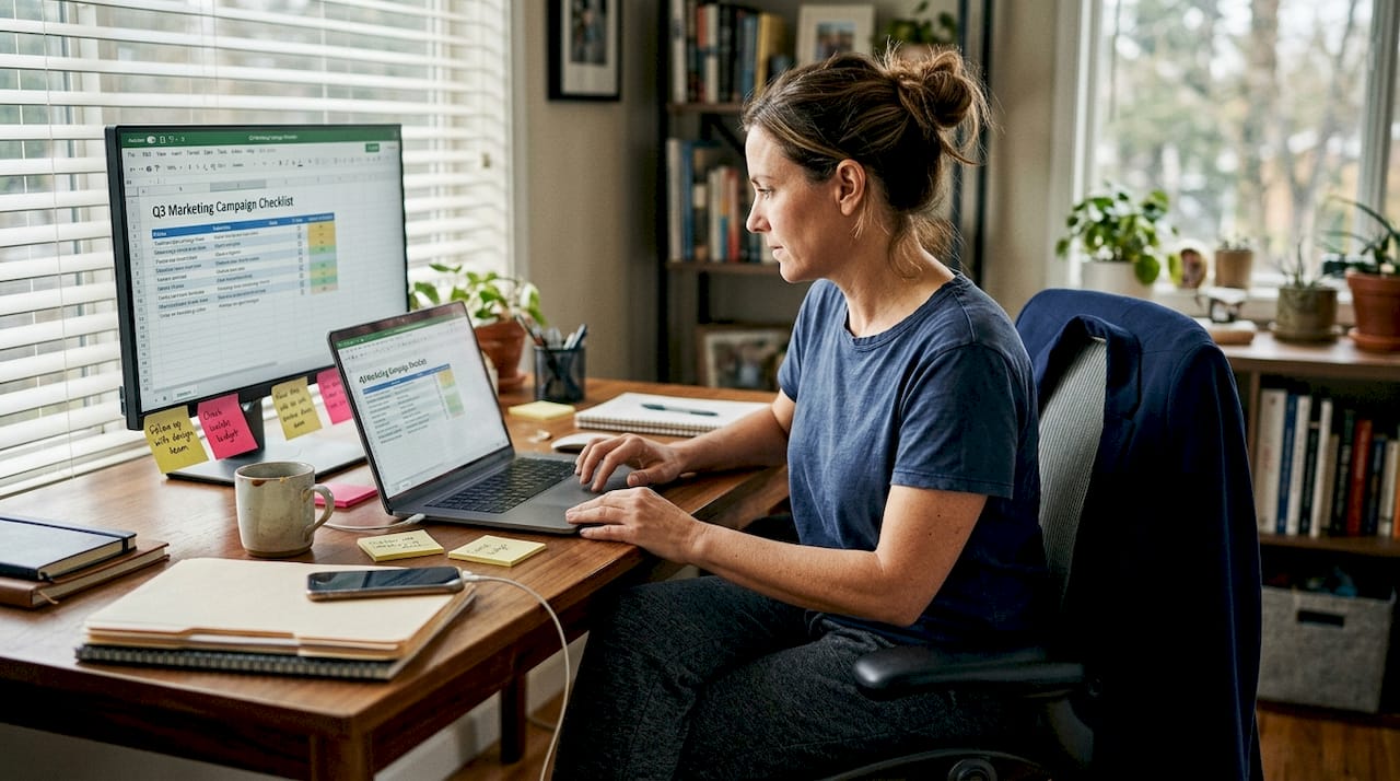 Project manager reviewing campaign workflow checklist