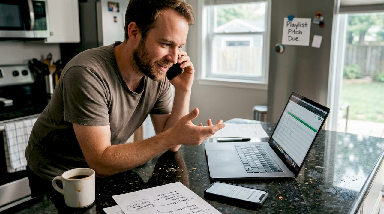 Musician prepares playlist pitch at kitchen counter