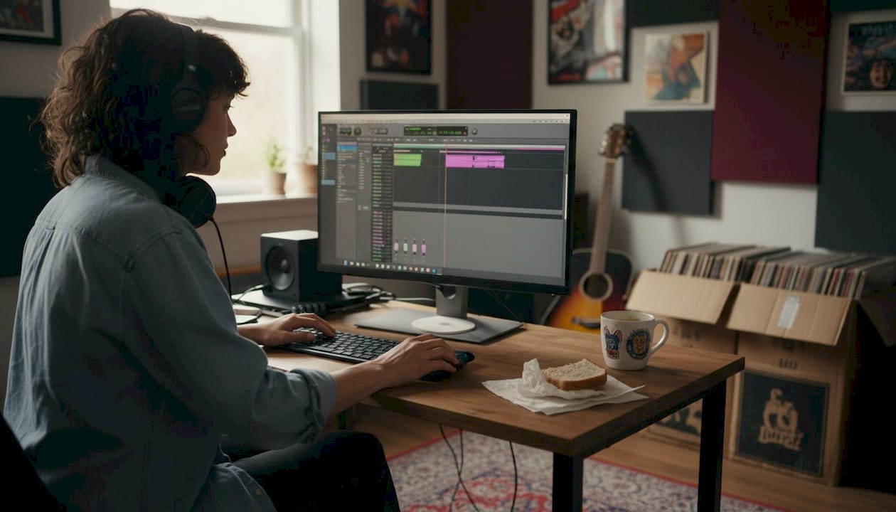 Music producer working at cluttered audio desk