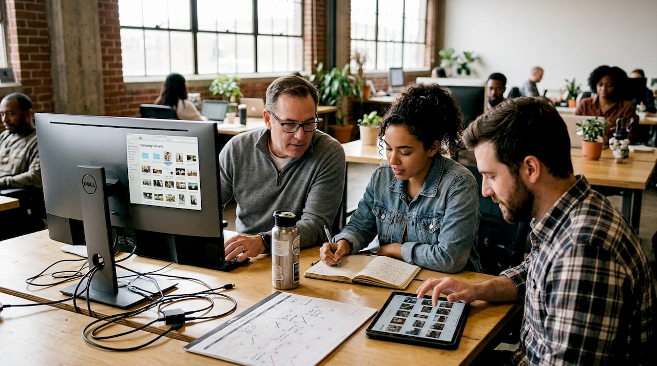 Team collaborating on campaign asset workflow