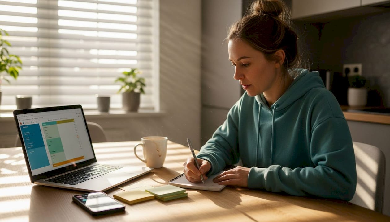 Woman mapping creative workflow at kitchen table