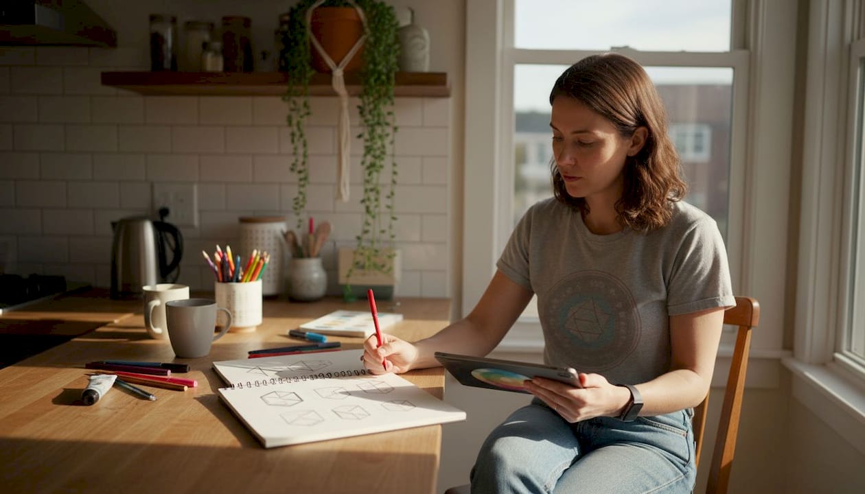 Musician creating visual branding at kitchen table