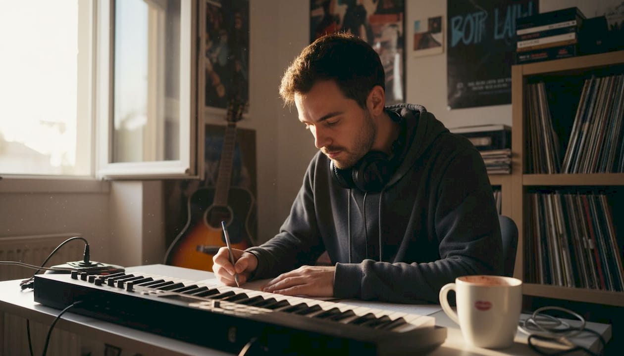 Musician writing music in home studio