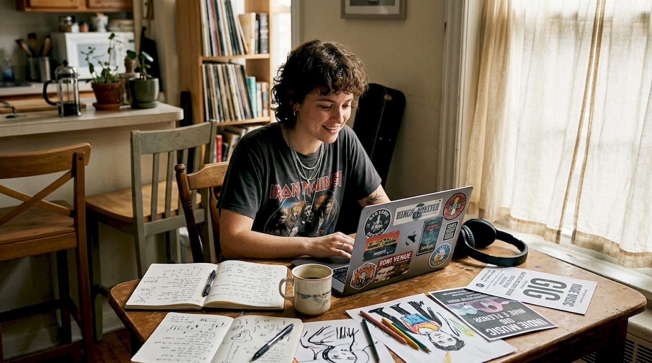 Musician working on promo assets at kitchen table