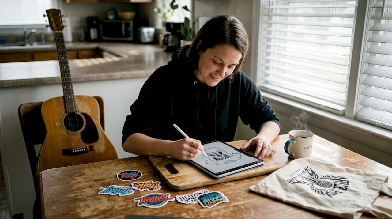 Musician sketching merch at kitchen table
