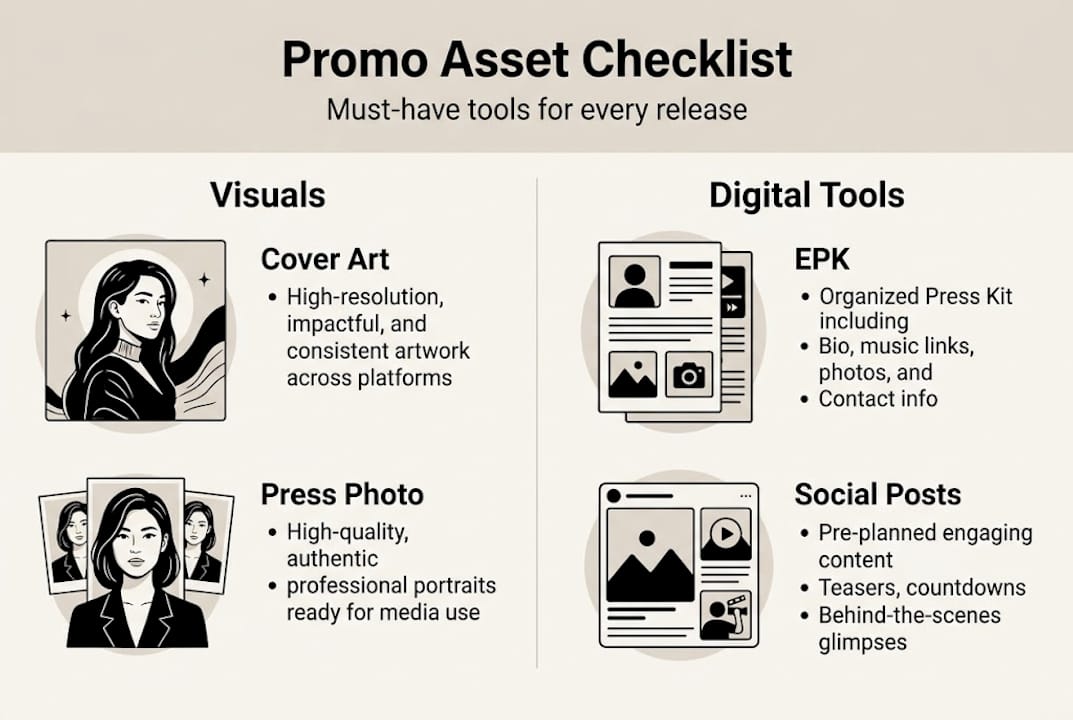 Infographic showing essential promo asset checklist