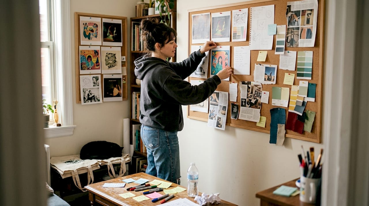 Artist arranging visual branding references on wall