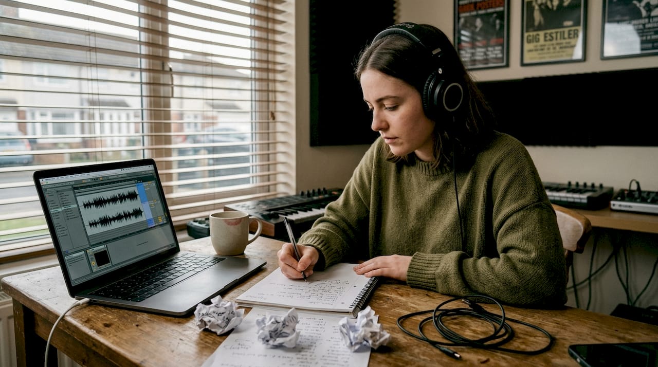 Musician working at cluttered home studio desk