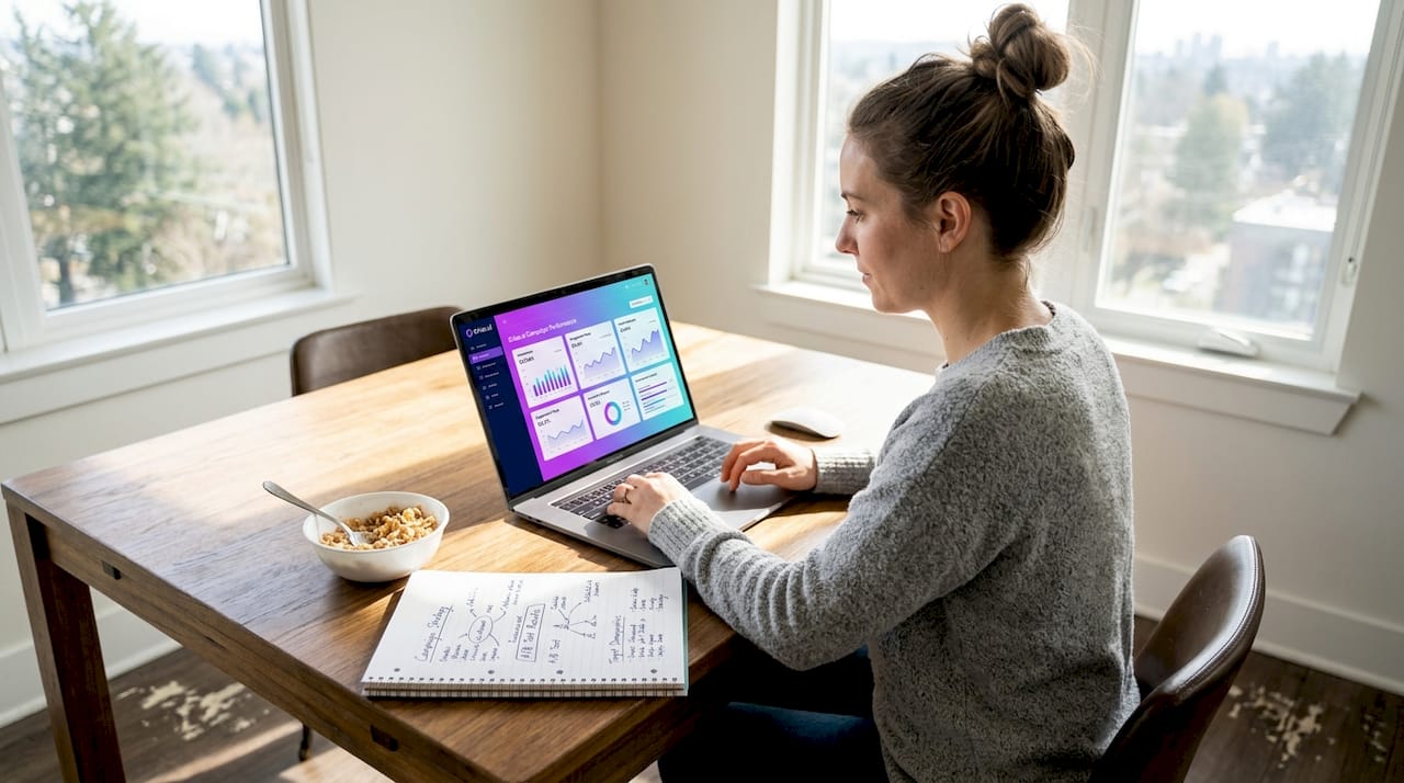 Woman analyzes campaign strategy at home desk