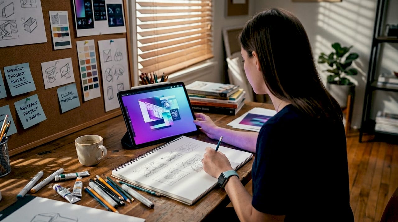 Designer sketches campaign visuals in studio workspace