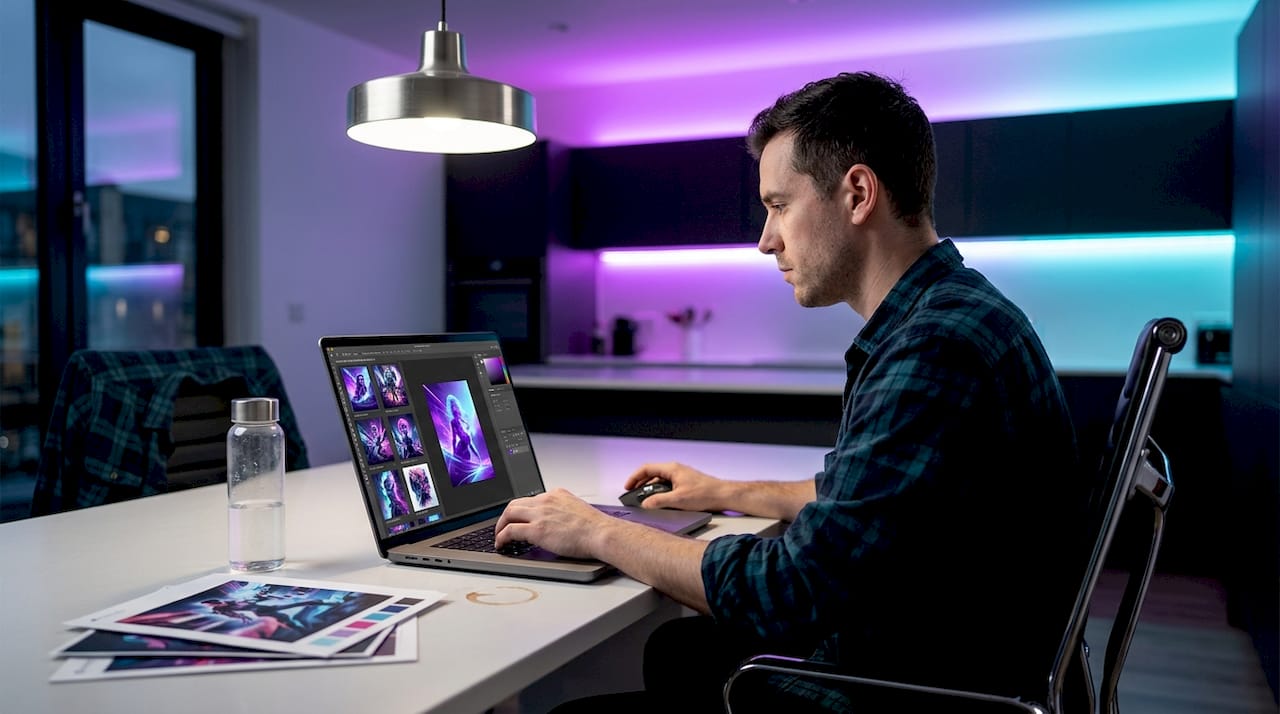 Artist refining AI-generated images at kitchen table