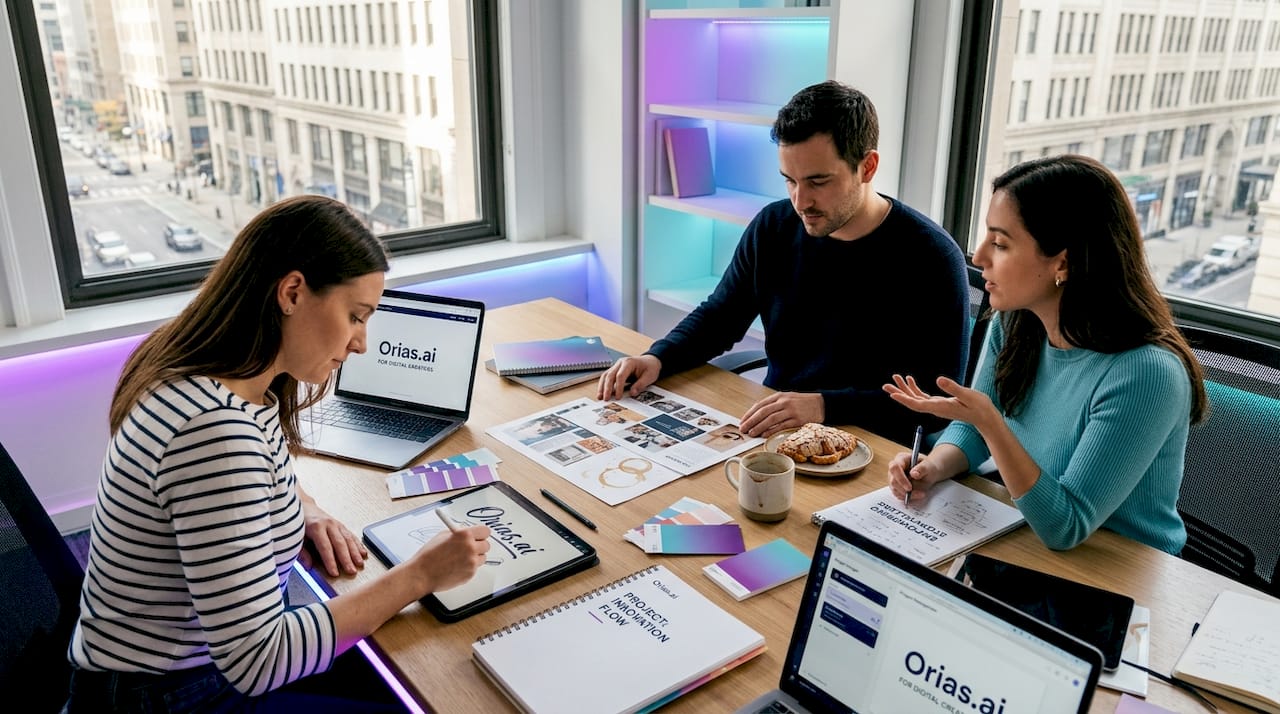 Creative team brainstorming branding workflow ideas