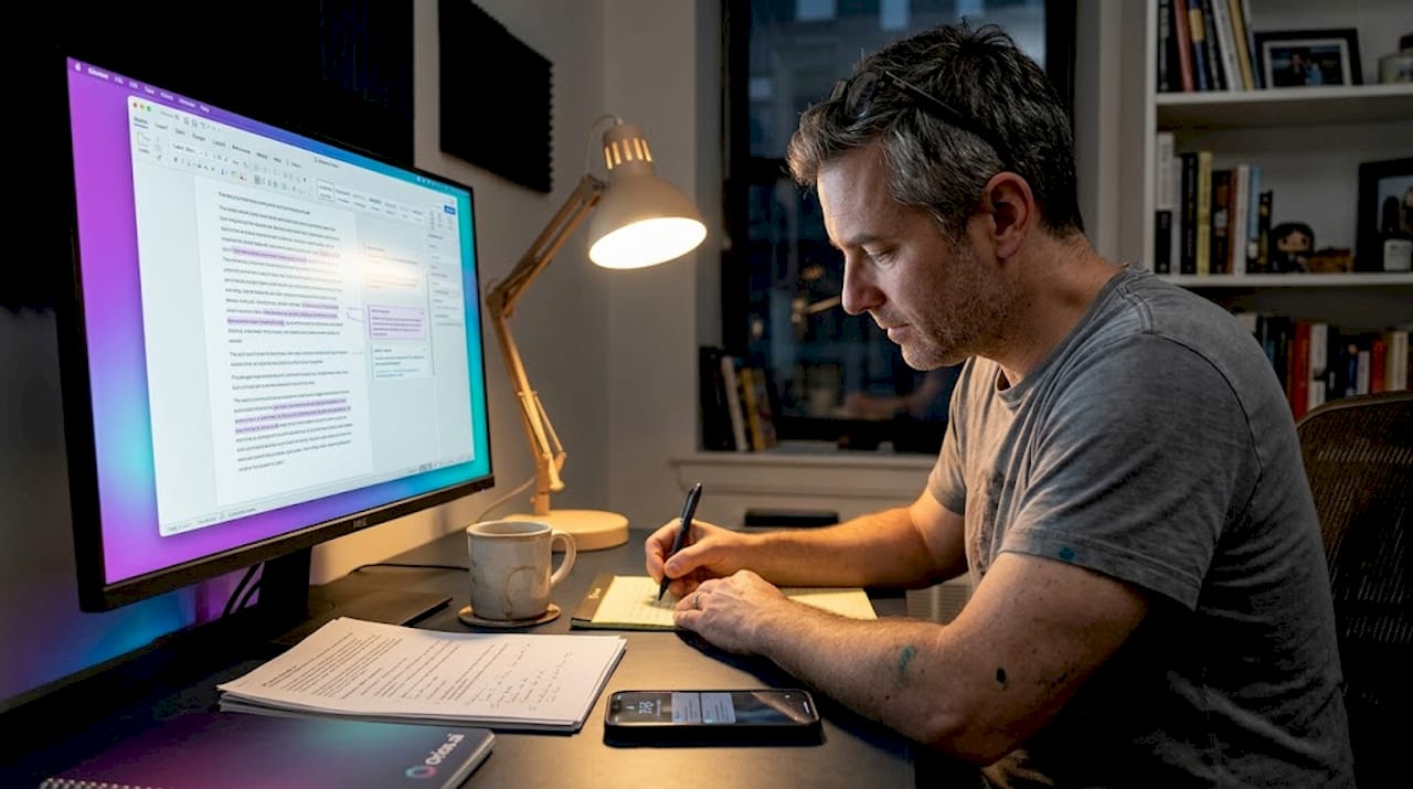 Writer editing AI-generated text drafts