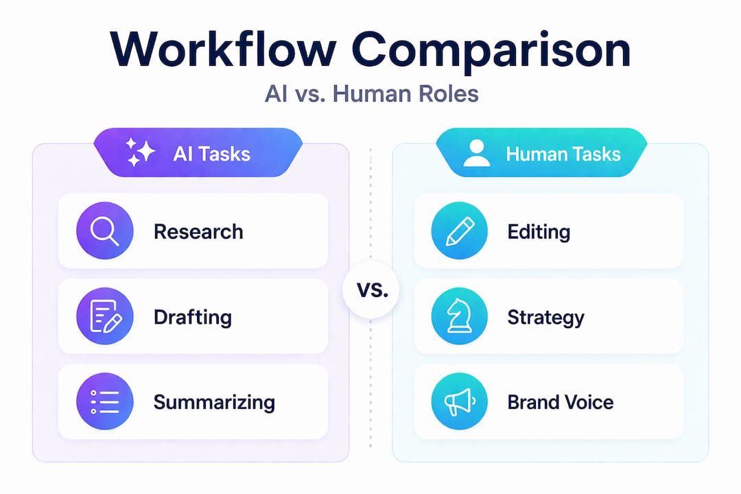 Infographic contrasting AI and human workflow roles