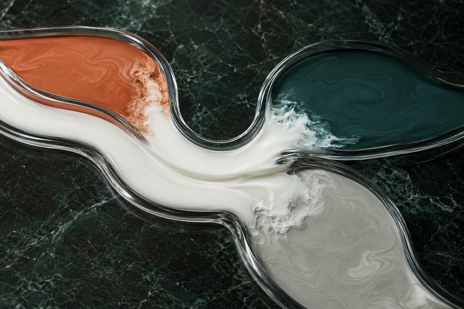 Abstract realistic material scene showing visual assets forming around one clear promise