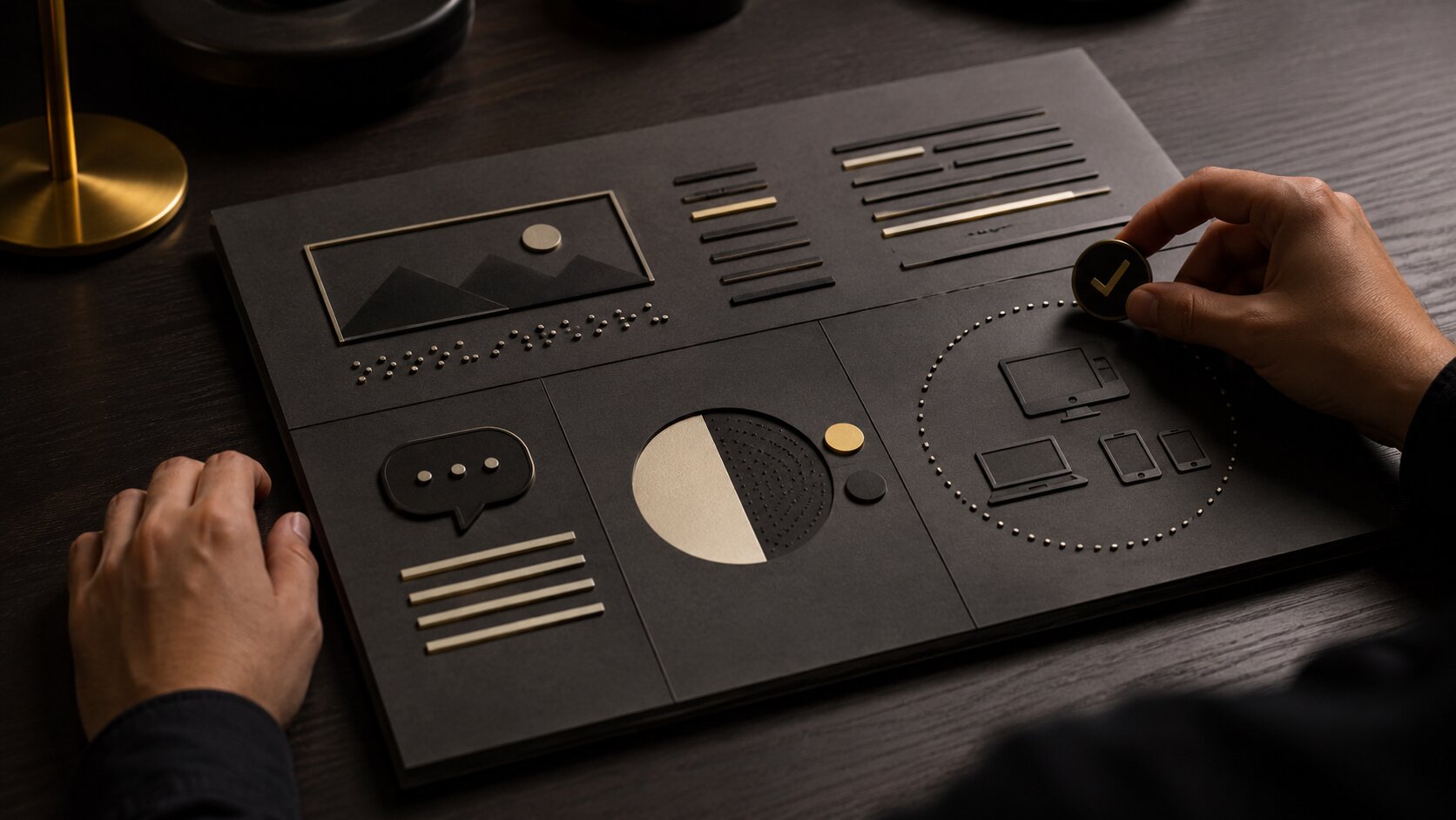 Creator reviewing accessible AI-assisted content through clear layout contrast and tactile design cues