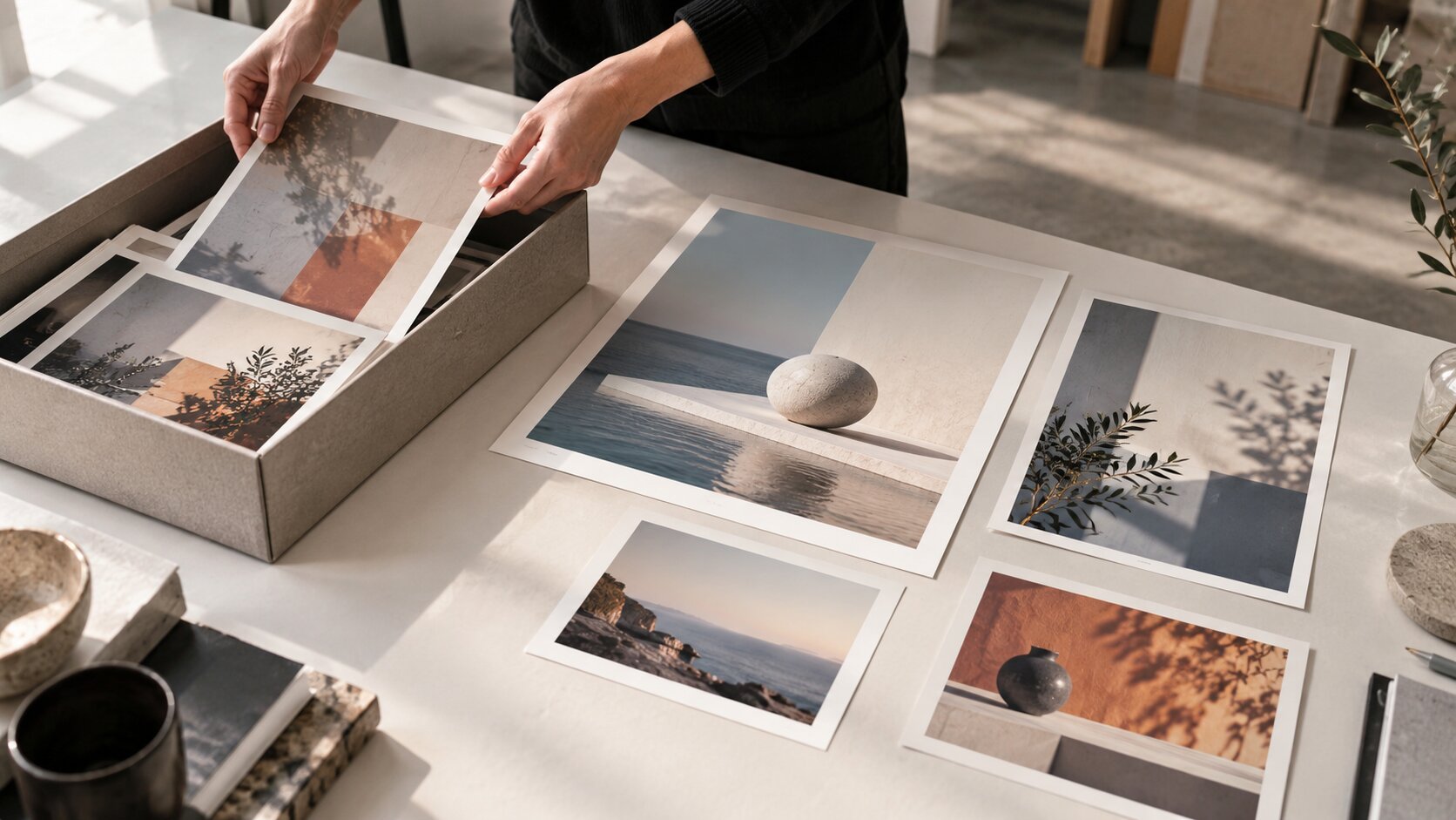 A curated group of current creative prints remains in view while outdated visual assets are quietly moved into an archival box.
