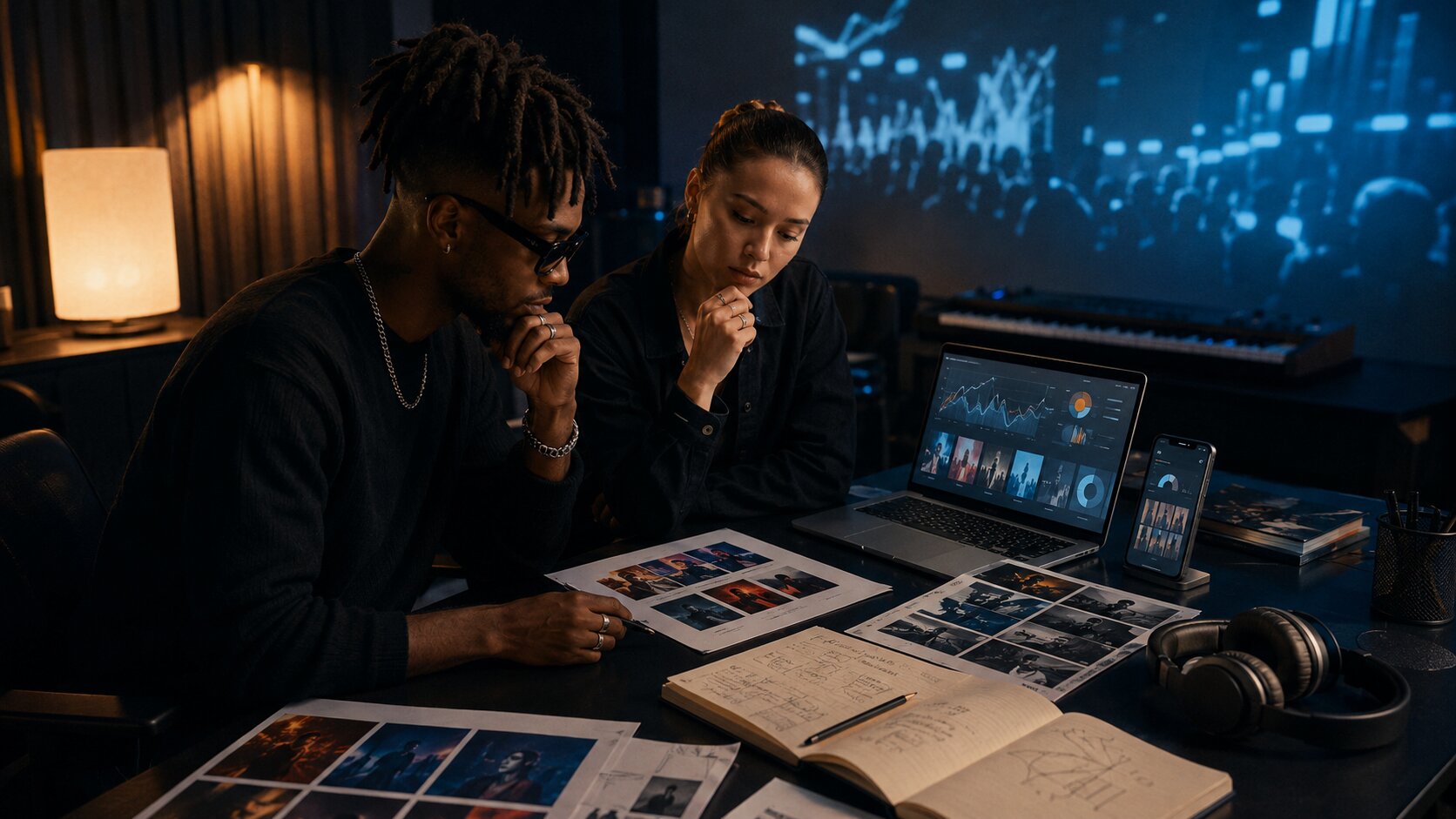 Artist reviewing AI-assisted music promotion ideas and short-form campaign performance after a release