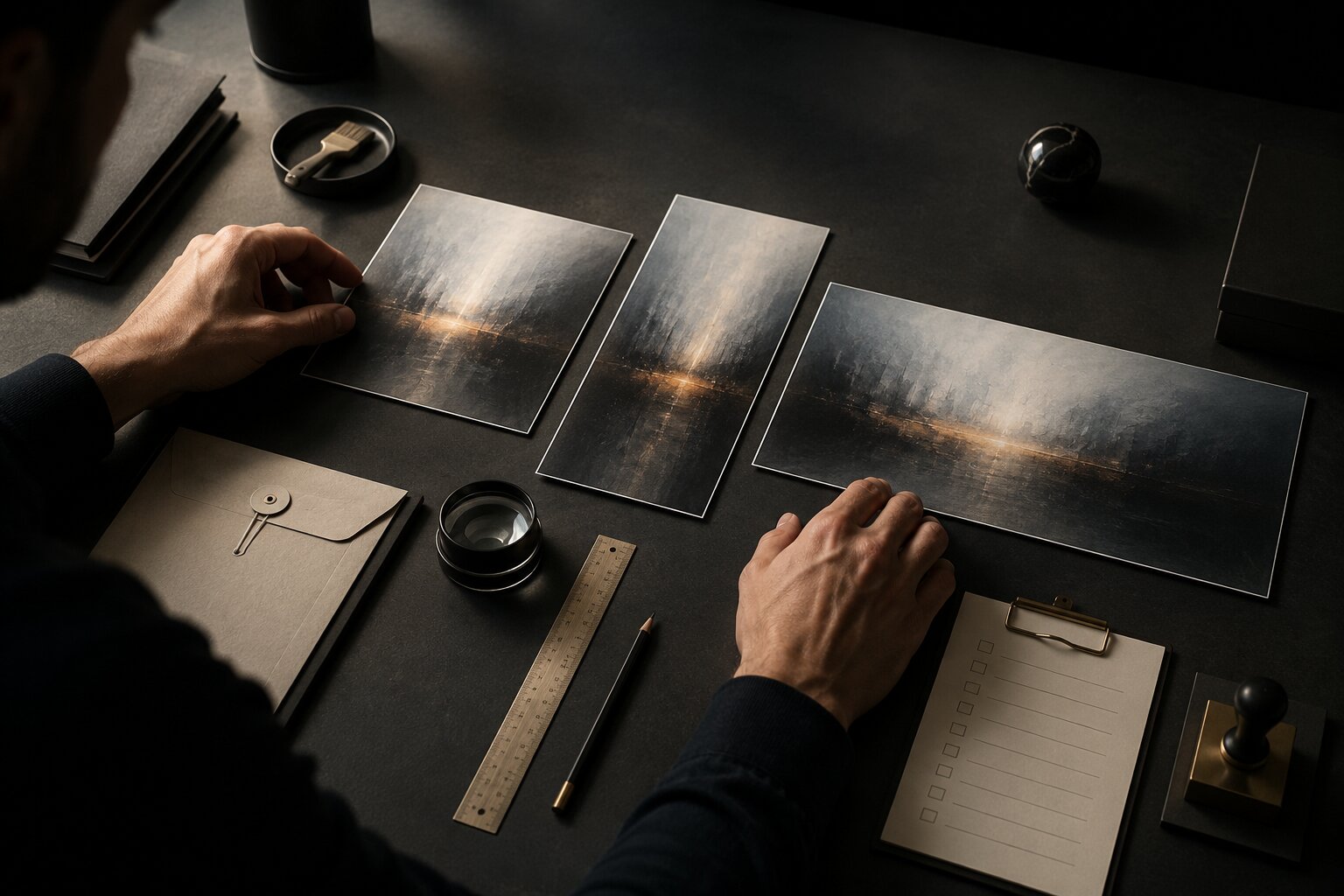 Physical creative proofs being reviewed for quality consistency before publishing