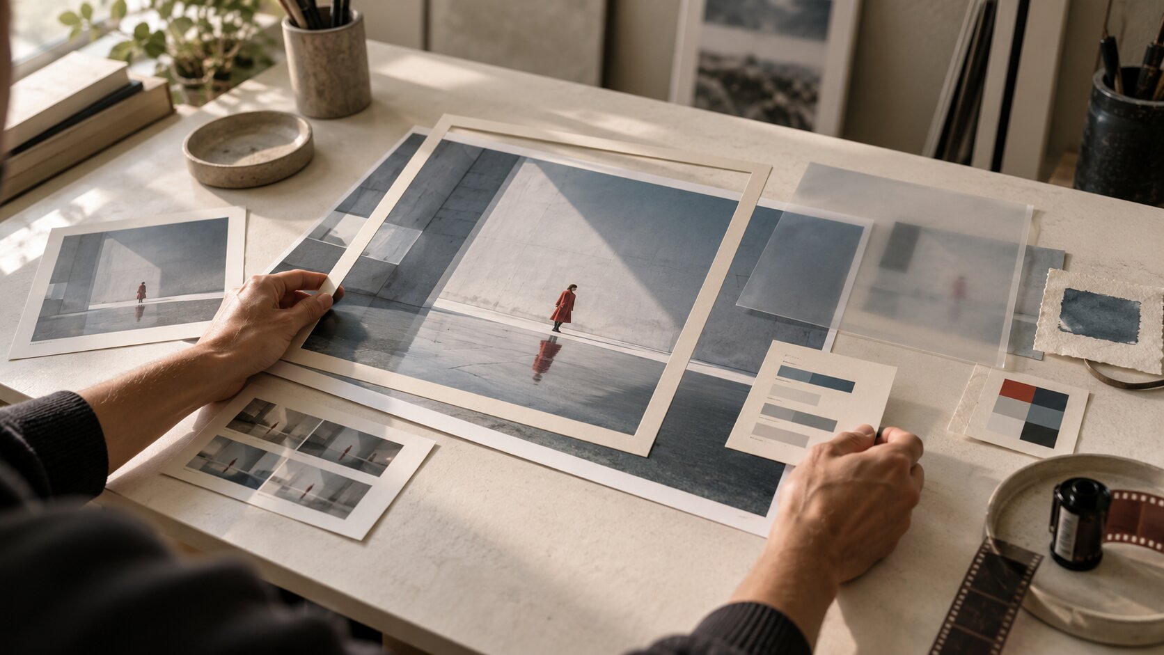 A creator prepares one finished campaign image for publication using a photographic print, crop frame, metadata cards, and organized visual references.
