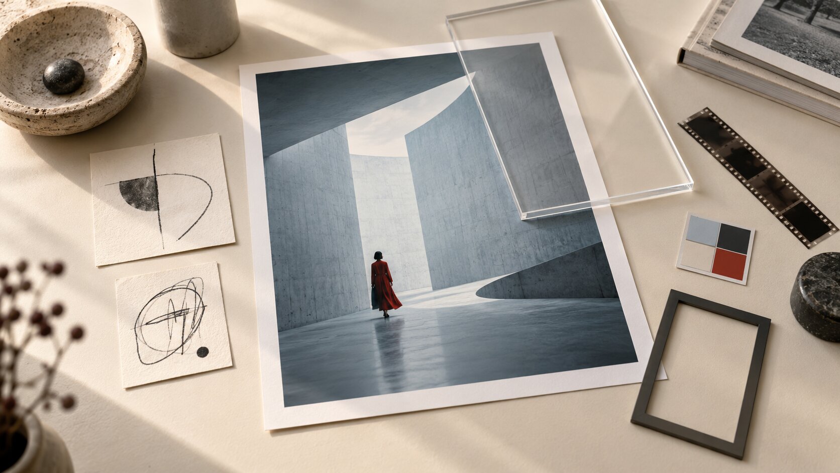 A photographic print is surrounded by carefully arranged transparent frames and publishing materials that give the image clear context.