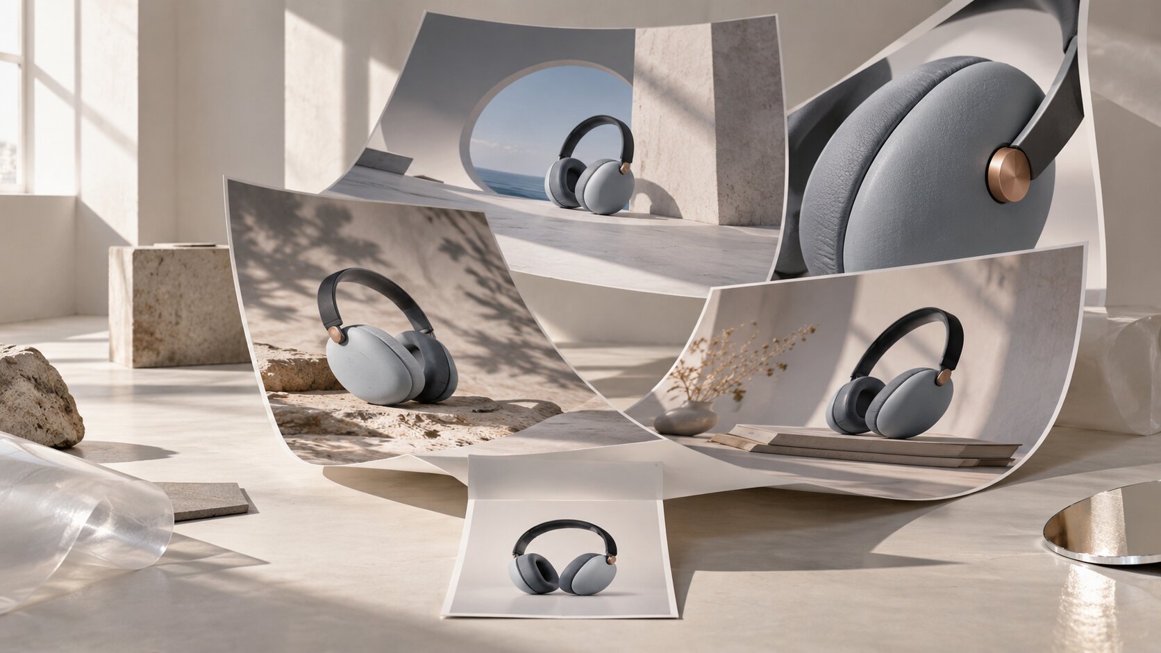 A real product sits on a simple studio surface while a large projected campaign environment transforms the space behind it without changing the product itself.